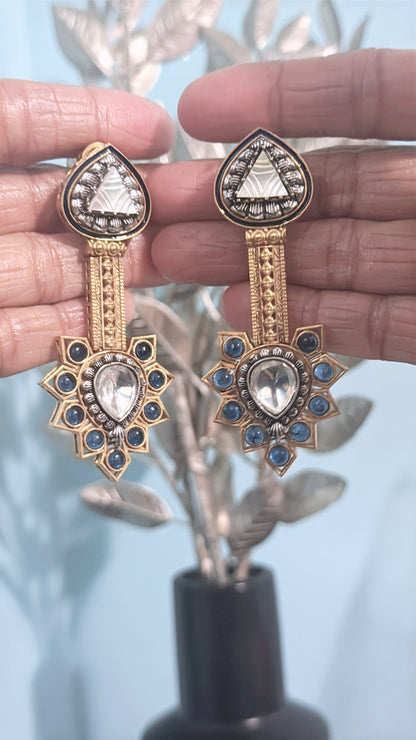 Gold Plated Silver Stone Allured with Silver Craft, and Ink Blue Beaded Earrings