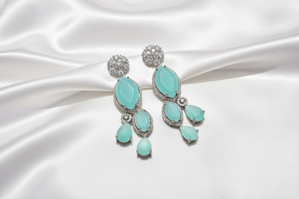Mint Green Crystal Floral Drop Earrings