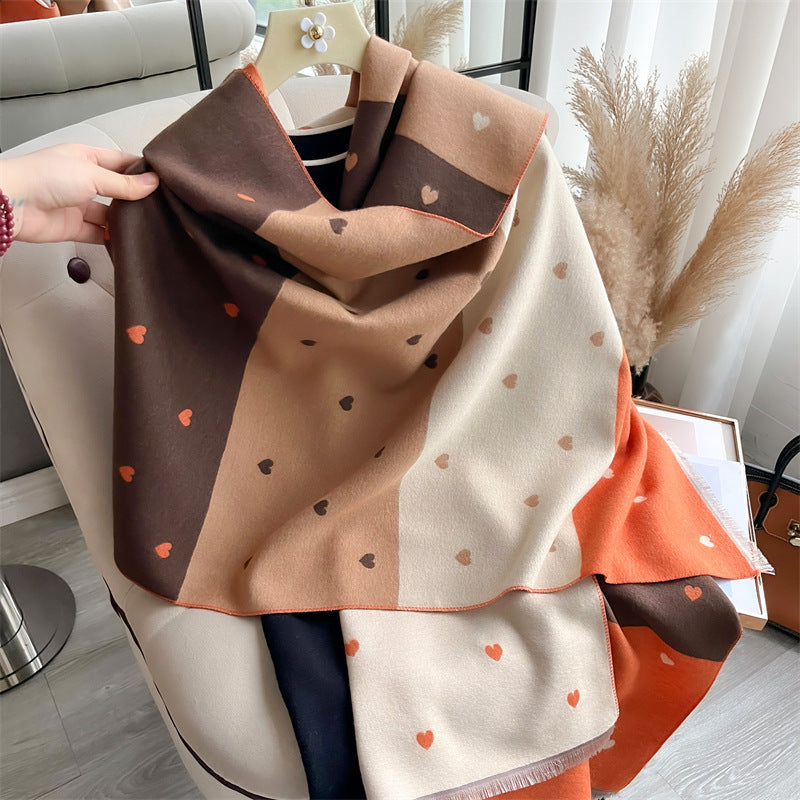 Women's Double-sided Small Love Color Matching Printed Artificial Cashmere Scarf All-matching Warm Bib Shawl