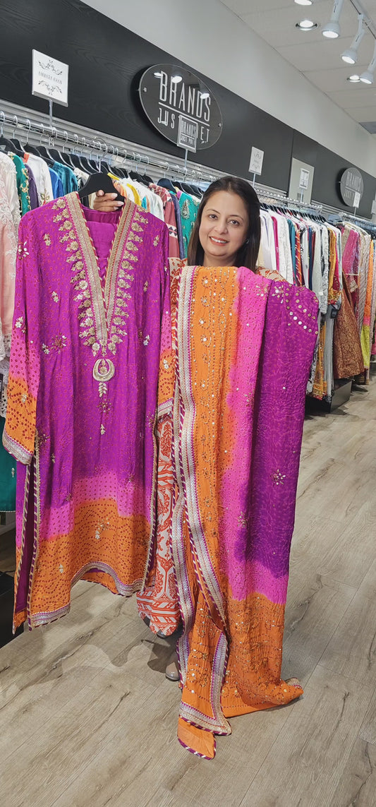 Pink Orange Bandhani Three-Piece Outfit