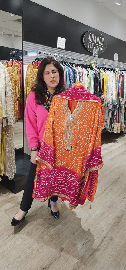 Orange Pink Bandhani Three-Piece Suit