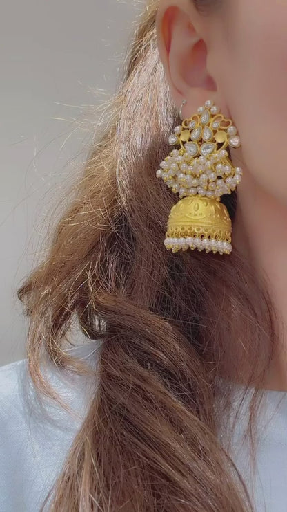 Gold Kundan Pearl Jumka Earrings