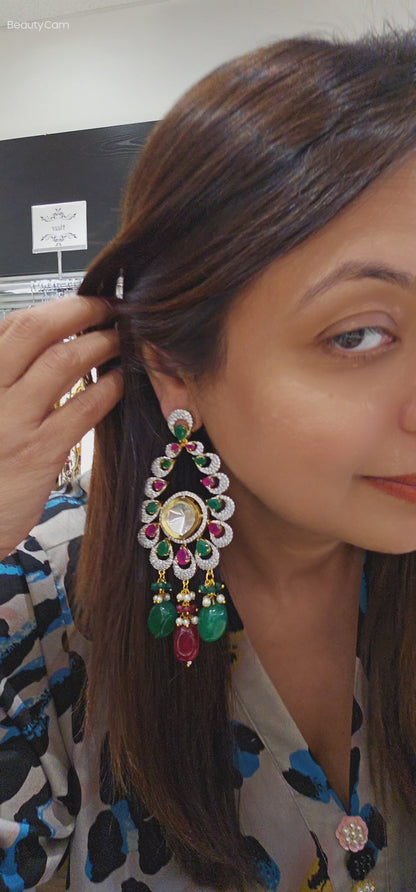 Silver gold Stone Allured with Silver Craft, and Green Red Stone Earrings