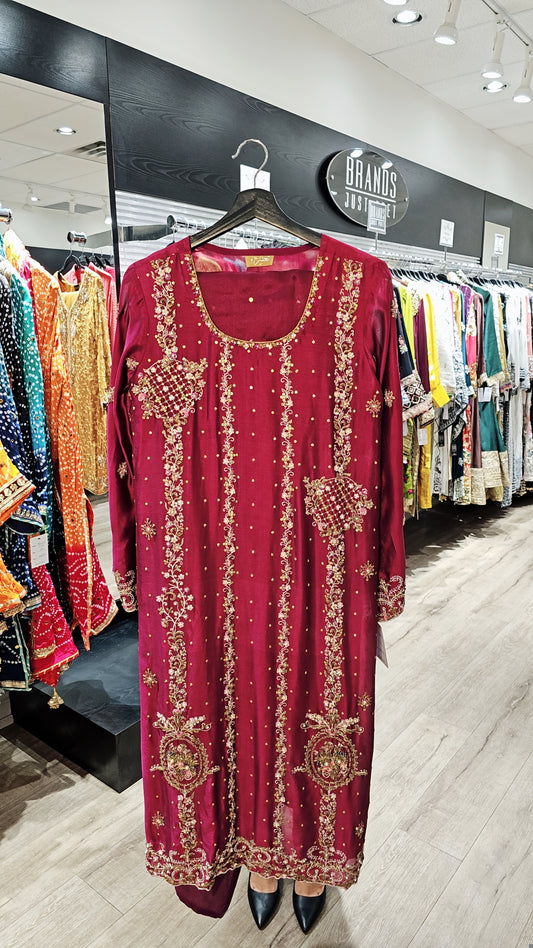 Maroon Embroidered 3-Piece Suit
