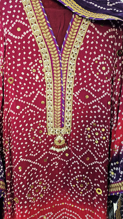 Crimson Plum Bandhani Three-Piece Suit