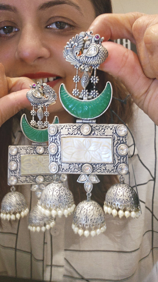 Silver Moon Green Jhumka Earrings