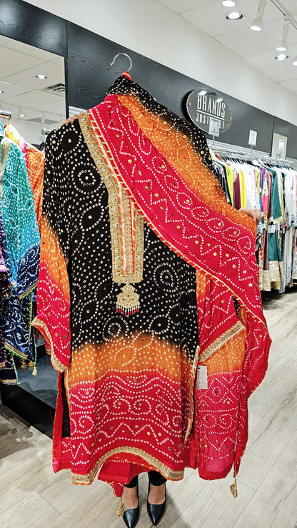 Black red orange Bandhani Three-Piece Suit