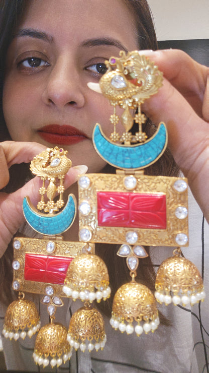 Gold Moon Red Jhumka Earrings