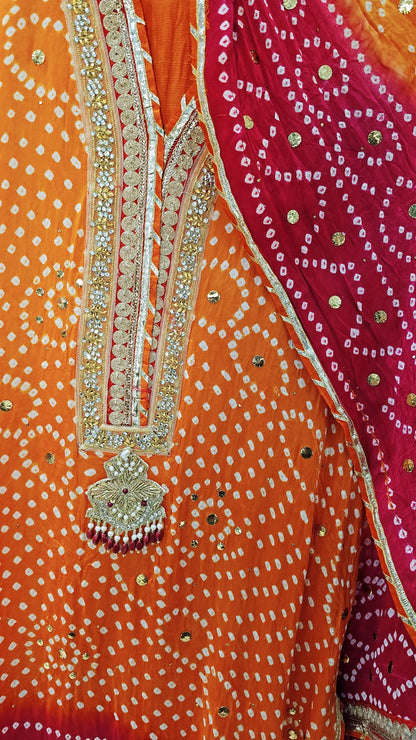 Orange Pink Bandhani Three-Piece Suit