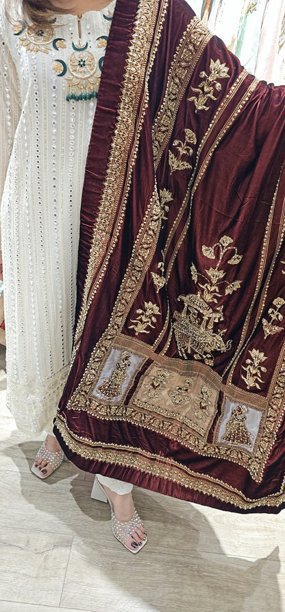 Burgundy Brown Velvet Rajasthani Shawl