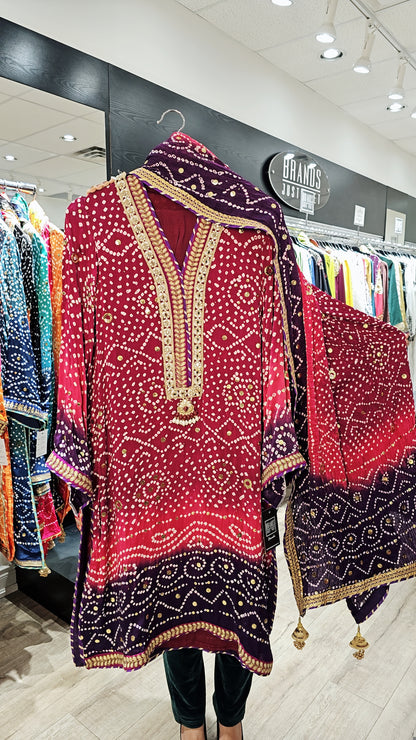 Crimson Plum Bandhani Three-Piece Suit