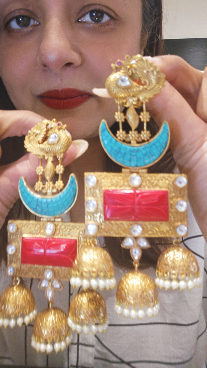 Gold Moon Red Jhumka Earrings