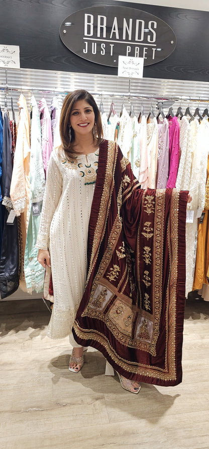 Burgundy Brown Velvet Rajasthani Shawl
