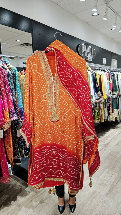 Orange Pink Bandhani Three-Piece Suit