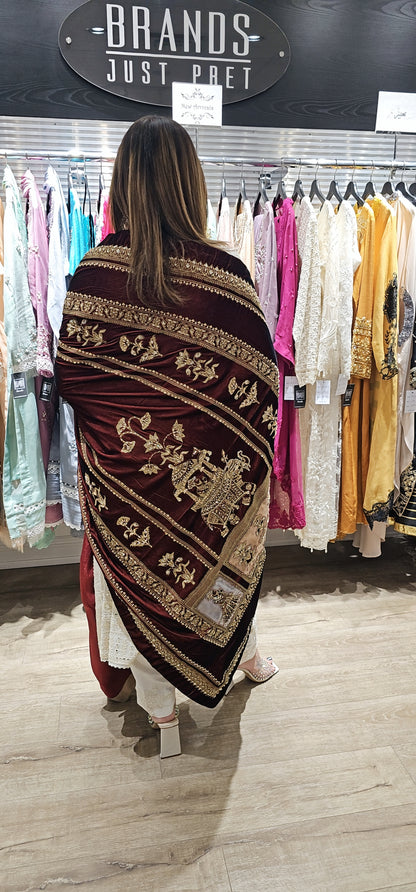 Burgundy Brown Velvet Rajasthani Shawl
