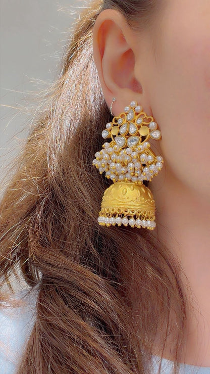 Gold Kundan Pearl Jumka Earrings