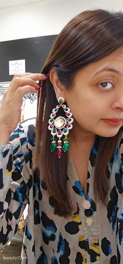 Silver gold Stone Allured with Silver Craft, and Green Red Stone Earrings