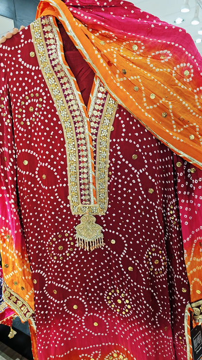 Maroon Orange Pink Bandhani Three-Piece Suit