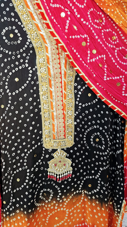 Black red orange Bandhani Three-Piece Suit