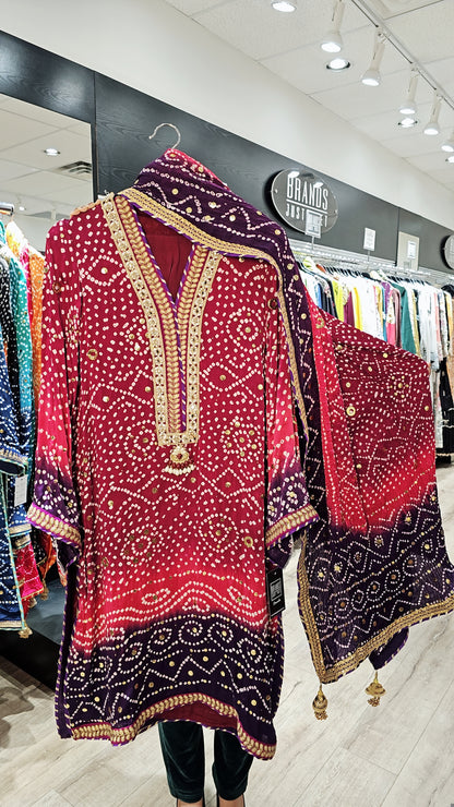 Crimson Plum Bandhani Three-Piece Suit