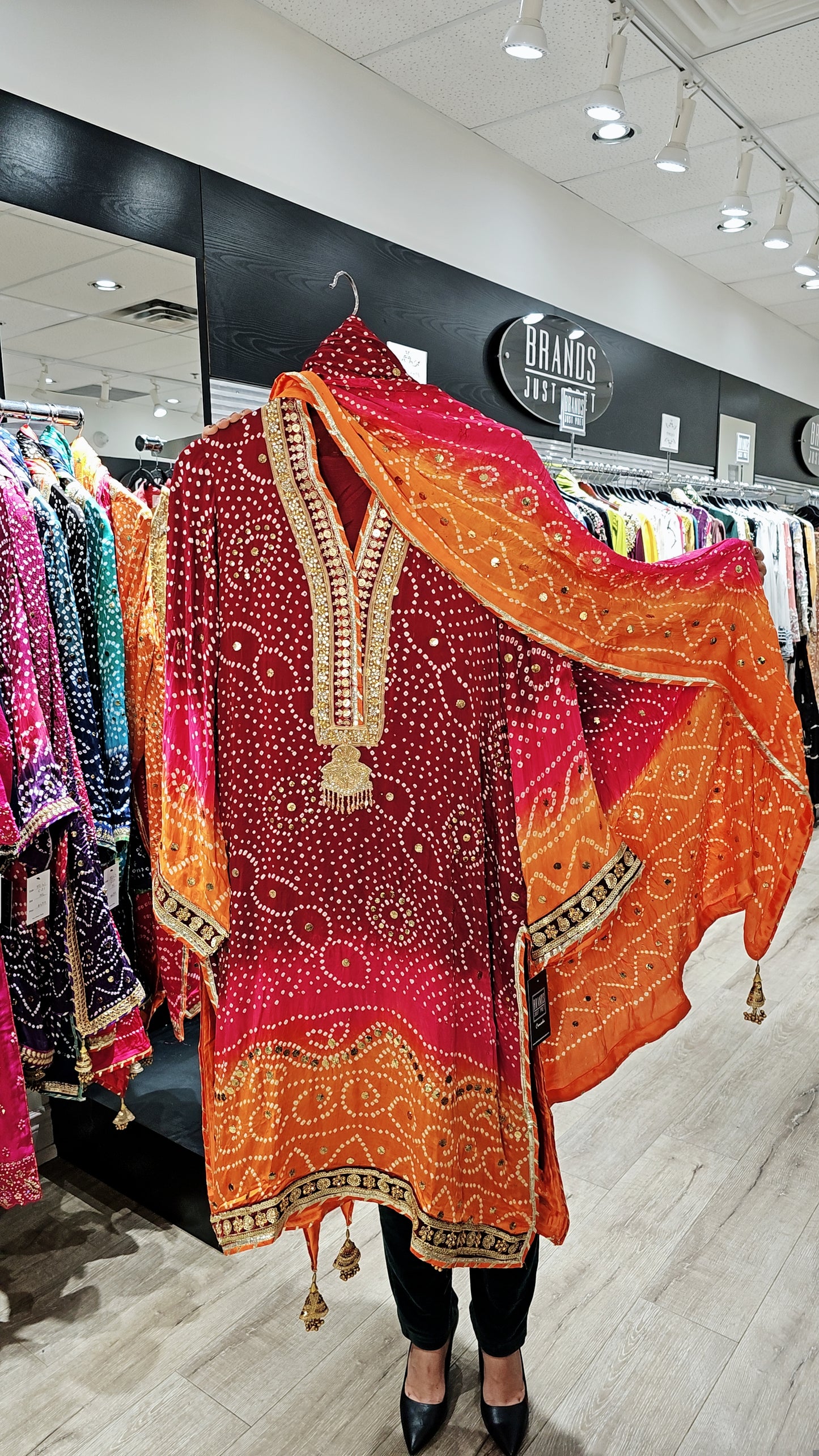 Maroon Orange Pink Bandhani Three-Piece Suit