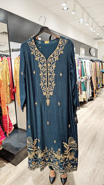 Teal Embroidered Three-Piece Dress