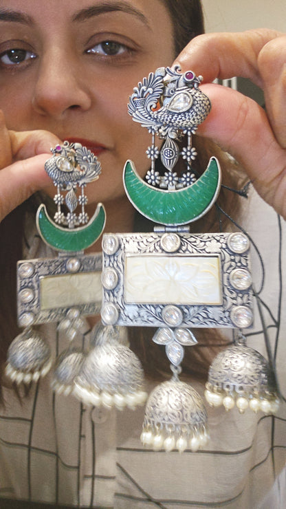 Silver Moon Green Jhumka Earrings