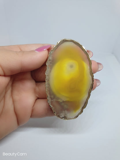 Gift for her | Gray Agate Natural edge | Yellow Black | Irregular with Gold Rim | Tiger Eye | Natural Gemstone Crystal | Phone Accessory