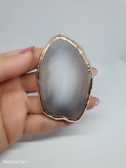 Gift for her | Gray Agate Natural edge | Yellow Black | Irregular with Gold Rim | Tiger Eye | Natural Gemstone Crystal | Phone Accessory