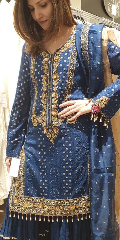 Blue Chikenkari with Gharara