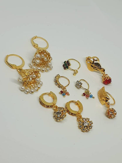 Lot 9 Indian Nose Ring with Jhumka Earrings Nath Dangling Nose Piercing Cubic Zirconia Stone Gold Plated Pakistani Jewelry salwar