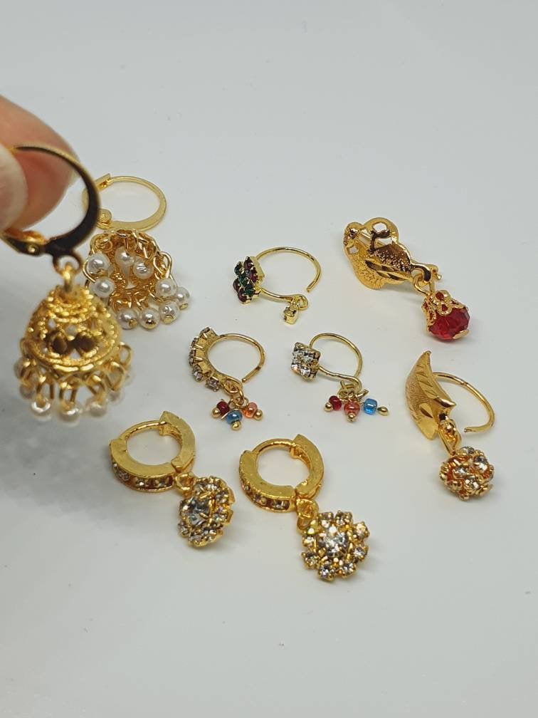Lot 9 Indian Nose Ring with Jhumka Earrings Nath Dangling Nose Piercing Cubic Zirconia Stone Gold Plated Pakistani Jewelry salwar