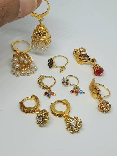 Lot 9 Indian Nose Ring with Jhumka Earrings Nath Dangling Nose Piercing Cubic Zirconia Stone Gold Plated Pakistani Jewelry salwar