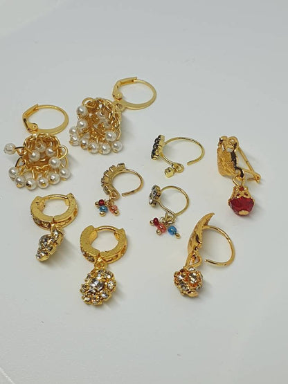 Lot 9 Indian Nose Ring with Jhumka Earrings Nath Dangling Nose Piercing Cubic Zirconia Stone Gold Plated Pakistani Jewelry salwar