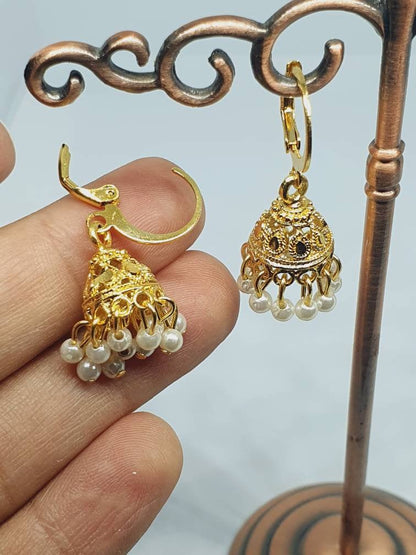 Lot 9 Indian Nose Ring with Jhumka Earrings Nath Dangling Nose Piercing Cubic Zirconia Stone Gold Plated Pakistani Jewelry salwar