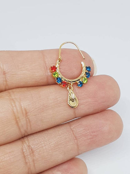 Multi Color Nose Ring Hoops Earrings Dangle Nose Piercing Cubic Zirconia Stone Gold Plated Indian Jewelry dangling