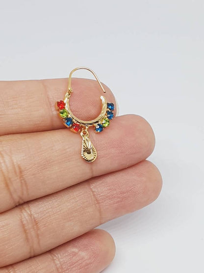 Multi Color Nose Ring Hoops Earrings Dangle Nose Piercing Cubic Zirconia Stone Gold Plated Indian Jewelry dangling