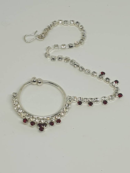 Silver with Red Stone Non Pierced Nose Hoop Bell Nose Ring Indian Bridal Nose Ring