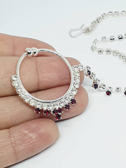 Silver with Red Stone Non Pierced Nose Hoop Bell Nose Ring Indian Bridal Nose Ring