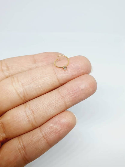 9ct Gold Nose Hoop with Cubic Zirconia Stone - Jewelled, Open Hoop Nose Ring