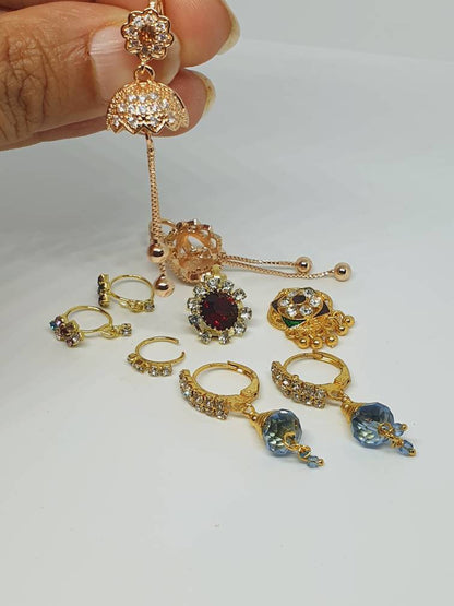9 pieces Nose Ring and Earrings Dangle Nose Piercing Cubic Zirconia Stone Gold Plated Indian Jewelry dangling