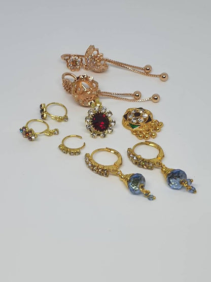 9 pieces Nose Ring and Earrings Dangle Nose Piercing Cubic Zirconia Stone Gold Plated Indian Jewelry dangling