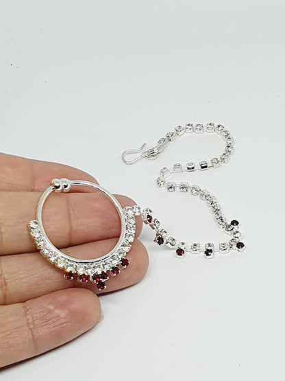 Silver with Red Stone Non Pierced Nose Hoop Bell Nose Ring Indian Bridal Nose Ring