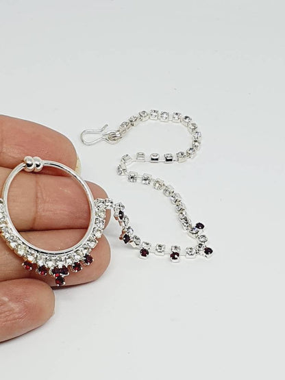 Silver with Red Stone Non Pierced Nose Hoop Bell Nose Ring Indian Bridal Nose Ring