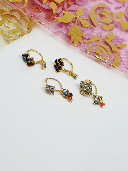 4 Pieces Clear Multi Dangle Nose Ring Gold Tone Bollywood Wedding Indian Jewelry Women Pierced Nose Ring