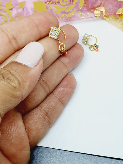 2 Pieces Clear Multi Dangle Nose Ring Gold Bollywood Wedding Indian Jewelry Women Pierced Nose Ring