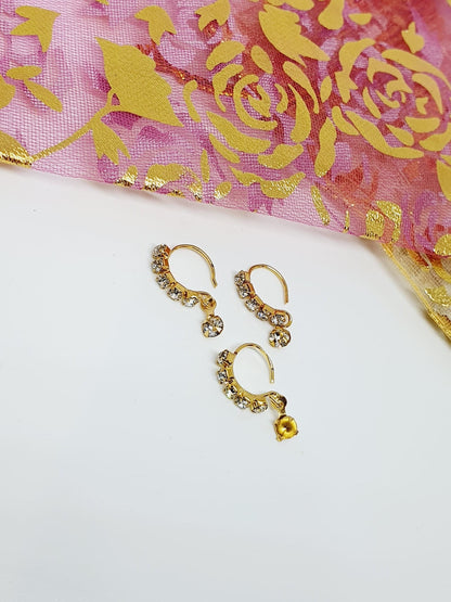 3 Pieces Clear Multi Dangle Stone Nose Ring Gold Bollywood Wedding Indian Jewelry Women Pierced Nose Ring
