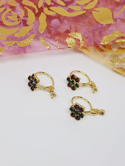 3 Pieces Multi Color Dangle Stone Nose Ring Gold Bollywood Wedding Indian Jewelry Women Pierced Nose Ring