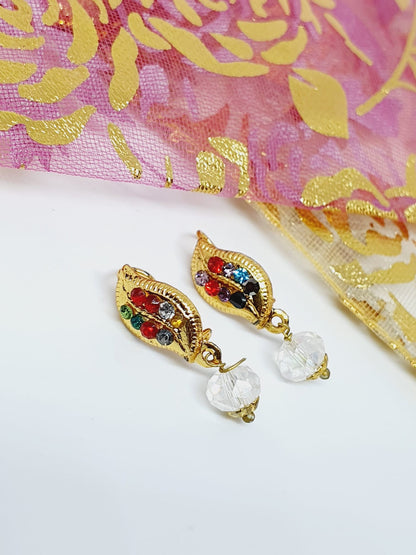 2 Pieces Multi Color Leaf Dangle Stone Gold Bollywood Bridal Indian Jewelry Women Pierced Nose Ring