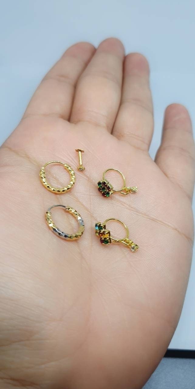 5 Pieces Hoop Dangle Stud Style Stone Gold Bollywood Bridal Indian Jewelry Women Pierced Nose Ring